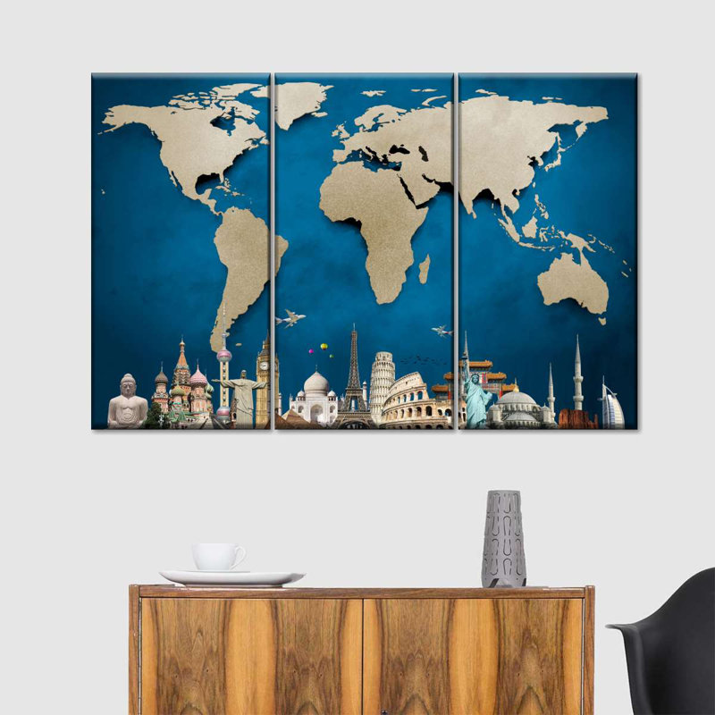 Carte du monde océan bleu 3 pièces, H 28 po x l 45 po x P 1,25 po