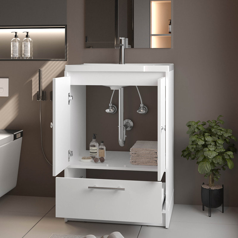 Meuble-lavabo autoportant blanc à 2 portes avec lavabo et tiroir, 36 po x 24 po x 17,8 po, qui reflète naturellement