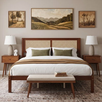 Walnutweave Wicker Wooden Bed with Rattan Headboard and Under Bed Storage