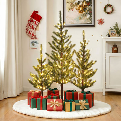 Ensemble de 3 sapins de Noël artificiels préilluminés avec lumières DEL blanc chaud, sapins clairsemés avec bases en métal