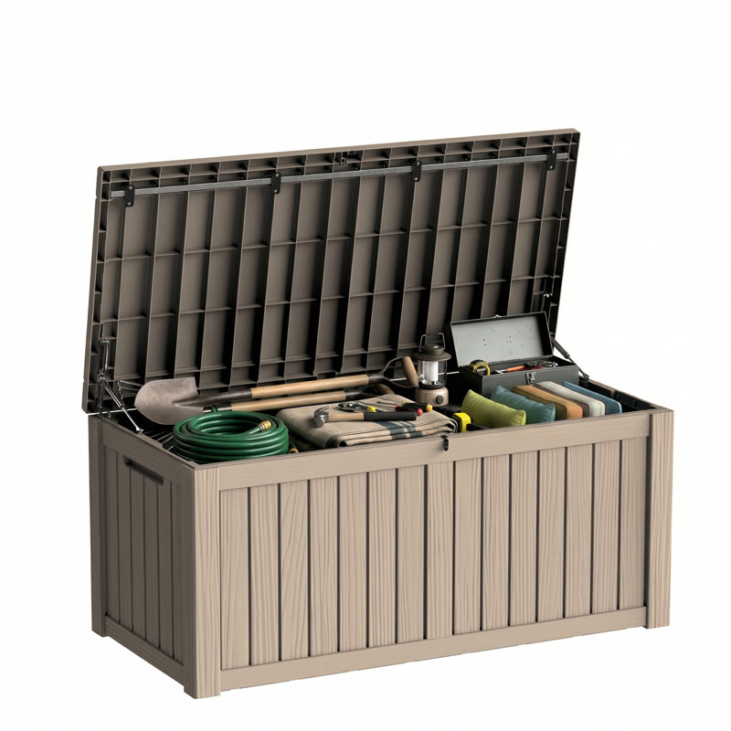 Emperic Design 120 Gallon Water Resistant Resin Lockable Deck Box, Light Brown