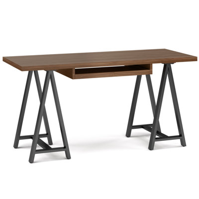 Bureau industriel en bois de noyer massif et en métal Sawhorse