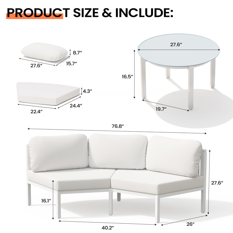 Ensemble de conversation pour patio pour 6 personnes en aluminium avec table, Coussin beige / structure blanche