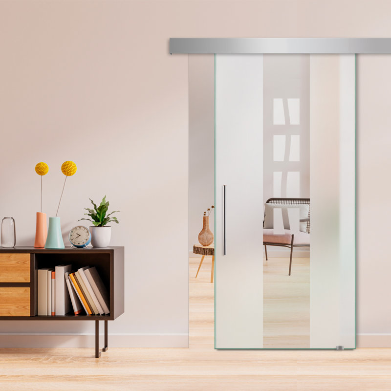 Porte de grange coulissante en verre sans cadre avec design moderne sablé et quincaillerie (semi-privée), 28 po x 81 po