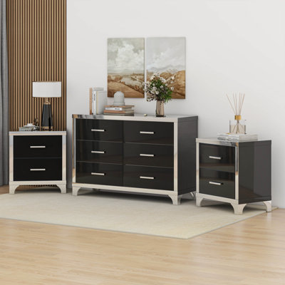 3-Pieces Dresser And Nightstand Set With Mirror Detailing & Metal Handles