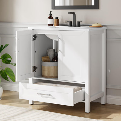 White 30" Bathroom Vanity with Ceramic Basin Storage Cabinet Drawer Soft Closing Doors Single Sink Integral Top for Bathroom
