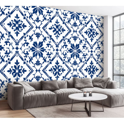 Wall Mural Peel and Stick Wallpaper Delft dutch tiles blue white ornaments Portuguese azulejo Self-Adhesive Removable Contact Paper Wall Decor for Living Room Bedroom 100"H x 144"W