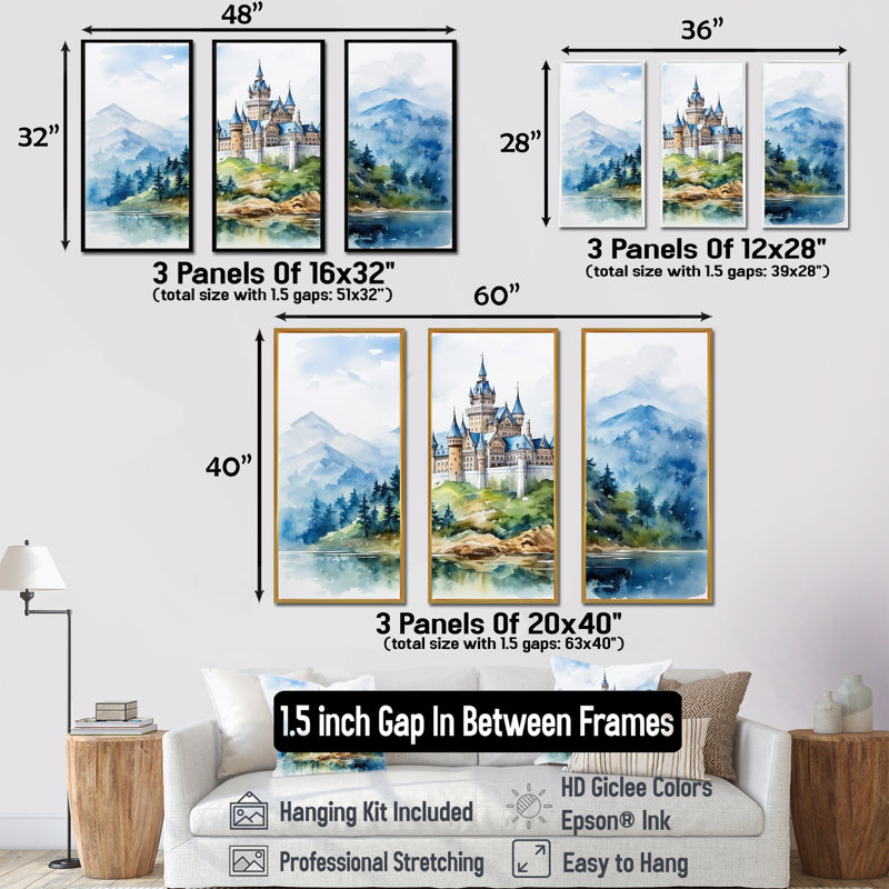 Moyen Âge, montagnes du château - châteaux, art mural, Cadre flottant brun, H 40 po x l 61 po x P 1 po