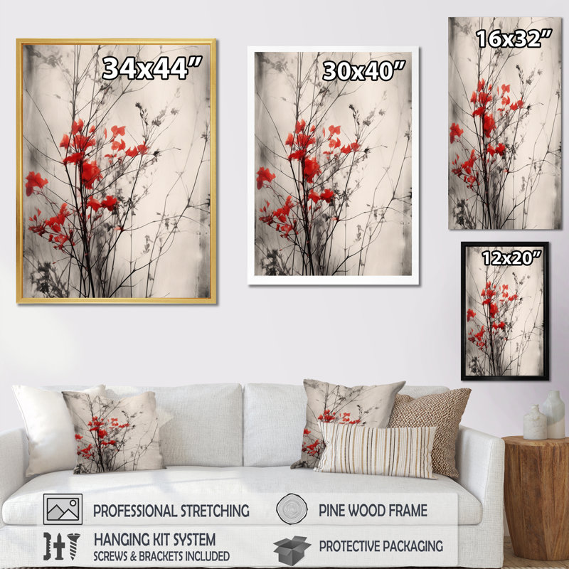 «Red Gray Herb Garden II», art mural floral, H 32 po x l 24 po x P 1 po, Encadrement argenté