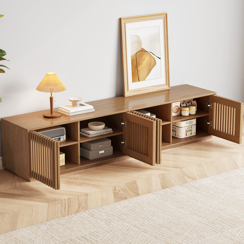 Wood Grain Slatted TV Stand, Modern Low Profile Media Console Cabinet with Storage Shelves, 42cm H x 160cm L x 40cm D
