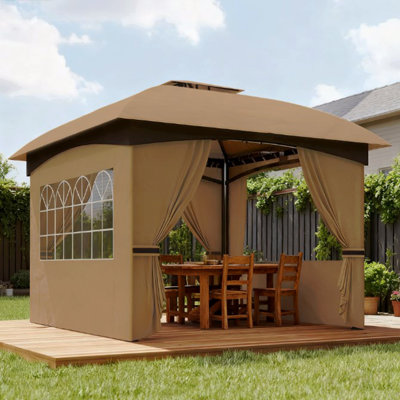 Pavillon de jardin au design élégant, pavillon de patio à double toit avec rideaux, fenêtres d'églises, pour l'extérieur
