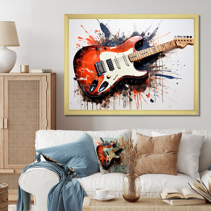 «Red Fluid Brown», guitare, art mural, Cadre d'angle fermé doré, H 24 po x l 32 po x P 1 po