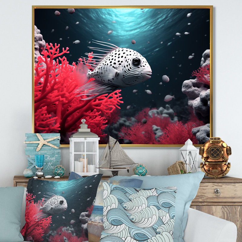 «The Graceful Pufferfish» sur toile, H 24 po x l 32 po x P 1 po, Cadre flottant doré