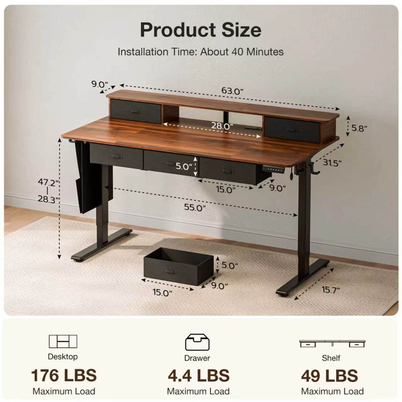 Bureau d'ordinateur 63 po x 32 po avec 5 tiroirs, concentrateur électrique, lumières à DEL RVB, tablette de moniteur et gestion des câbles, noyer et noir