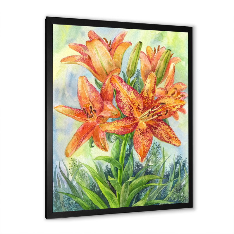 «Blossoming Orange Flowers In The Garden», décoration murale traditionnelle sur toile, Toile avec cadre noir