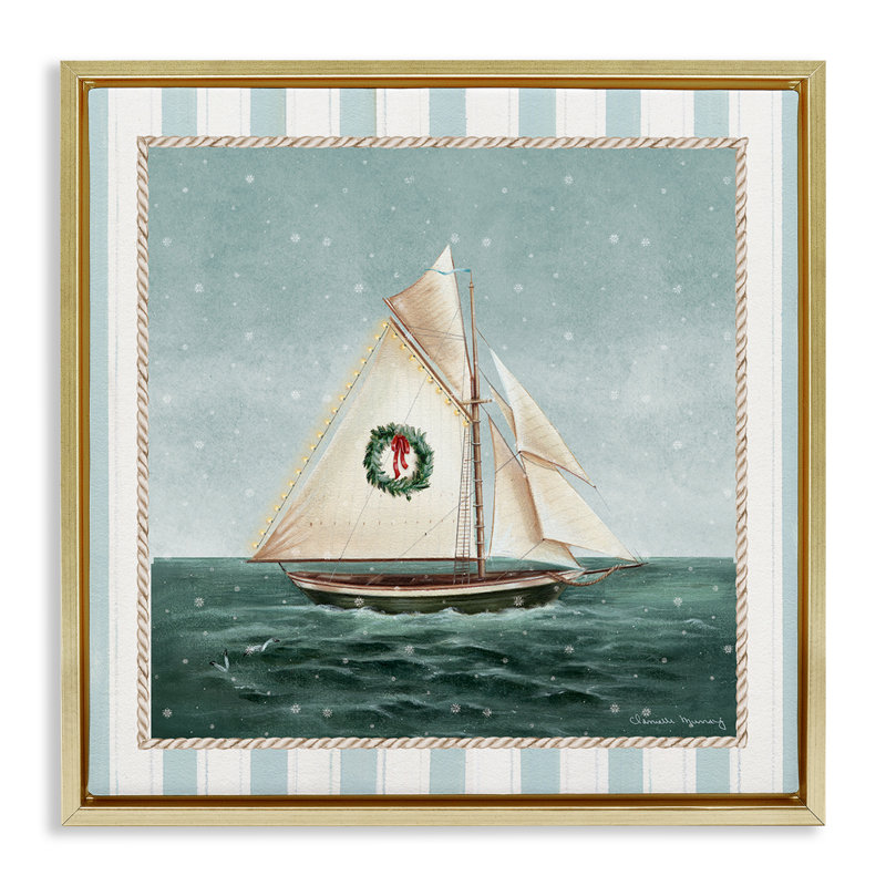 «Festive Winter Sailboat Floater», art mural par Danielle Murray, H 18 po x l 18 po, Cadre flottant métallique doré
