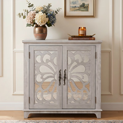 Elegant Sideboard With 2 Acrylic Mirrored Doors, Hollow-carved Accent Cabinet