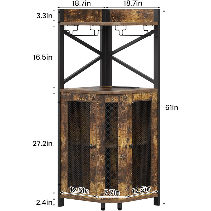 Corner Bar Cabinet with Power Outlet and LED Light, Industrial Wine Cabinet with Glass Holder, 4-Tier Liquor Cabinet for Home, Farmhouse Home Bar for Liquor and Wine Storage, Rustic Brown