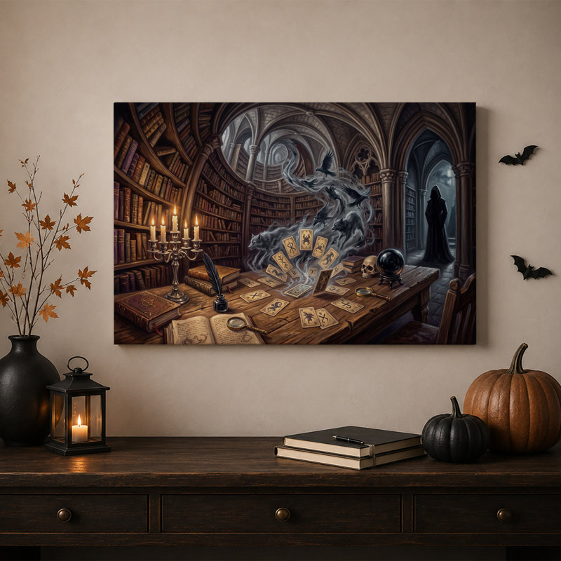 Cartes de tarot et esprits de loups dans une toile murale gothique sombre pour l'Halloween, H 12 po x l 18 po