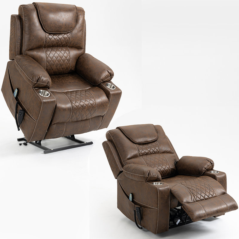 Palmera 38"W Dual Electric Power Lift Recliner Chair with Massage and Heat, 180 degrees, Brown Faux Leather