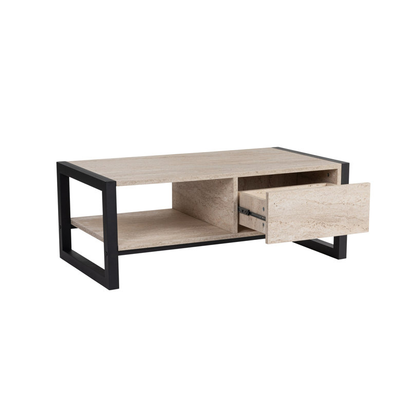Stylish Coffee Table with Drawer, Travertine & Black Finish, 41.3 x 15.7 x 21.7 inches | 100% Melamine Coated Particle Board & Metal Frame, Elegant Marble Concept | Perfect for Modern Living Rooms & Spaces