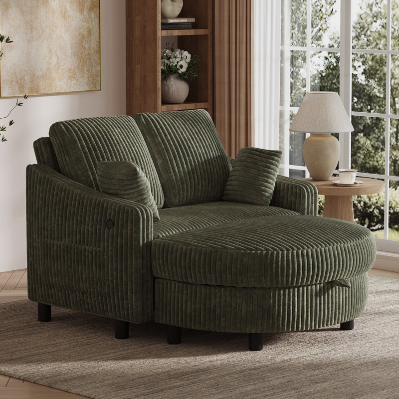 Chaise longue surdimensionnée en velours côtelé avec dossier réglable et repose-pieds avec rangement, Vert