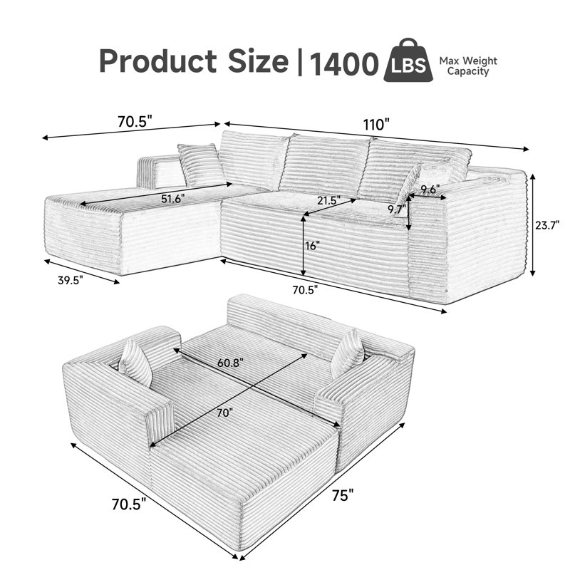 Canapé modulaire rembourré en L 2 pièces 2 pièces en velours côtelé de 110 po avec 2 coussins, Velours côtelé beige