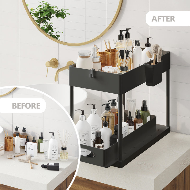 StorageBud 2 Tier Non-Slip Grip Under Sink Organizer with Utility Hooks, Side Caddy & Sliding Drawer, Black
