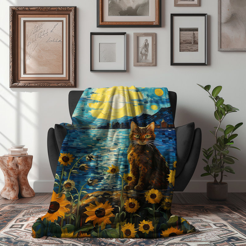 Chat dans une couverture de tournesols, Grand lit