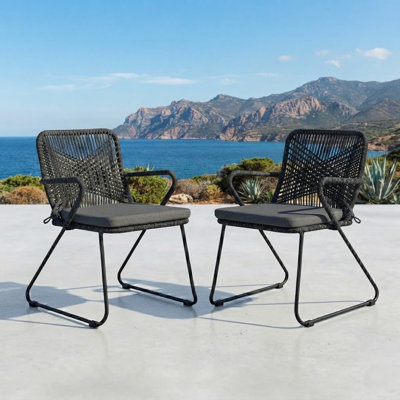 Bristol Modern Rope Woven Patio Dining Chairs - All-Weather Stackable Outdoor & Indoor Armchairs - Grey Powder Coated Steel with Premium Cushions (Set of 2)