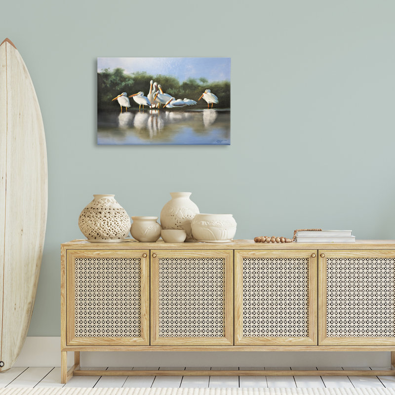 «White Pelicans Flock», art mural sur toile par D. Rust, H 20 po x l 30 po