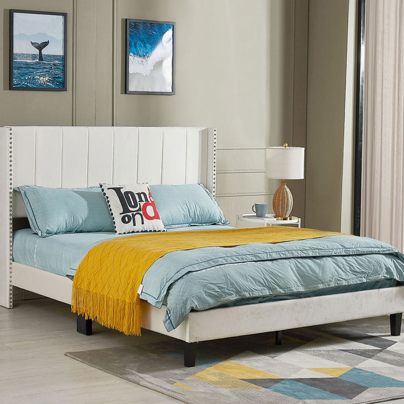 Janaila Tufted Upholstered Platform Bed, Queen, Beige