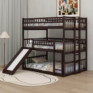 Triple Bunk Bed For Kids And Teens, Full-Over-Full-Over-Full Wood Bunk Bed Frame With Slide