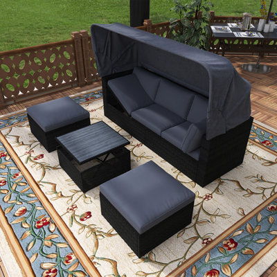 Outdoor Rectangular Wicker Daybed With Retractable Canopy, Ottoman And Cushions by Latitude Run