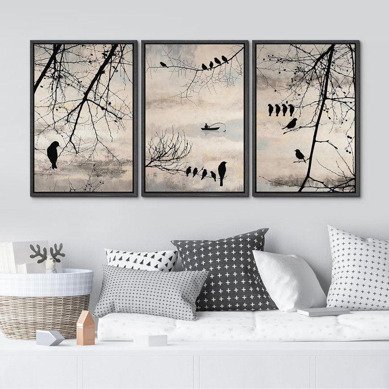 Oiseaux dans un arbre, reproduction sur toile 3 pièces, H 24 po x l 16 po x P 1,5 po, Noir