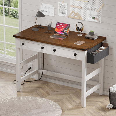 31.5“ Small Desk With Power Outlets And USB,Rustic Farmhouse Computer Desk With Drawers & Side Storage,Writing Table For Home Office,Bedroom,Vanity