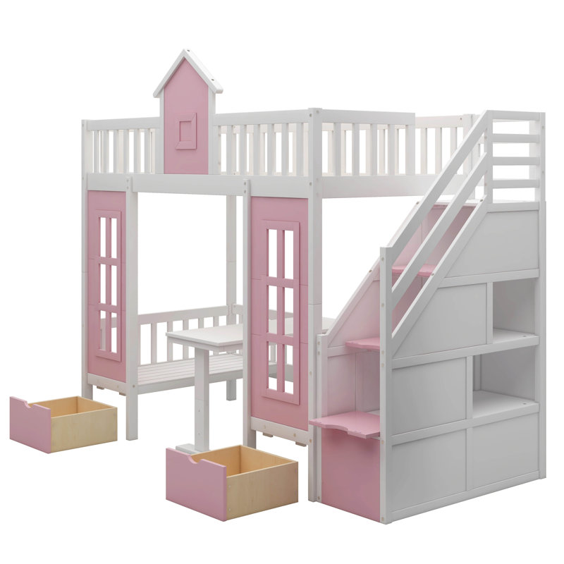 Kids Bunk Bed with Drawers, Pink, Twin over Twin