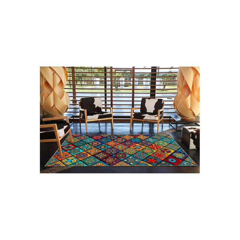 Tapis tissé à motif de losanges mélangés lavable à la machine, Carré 3 pi 3 po