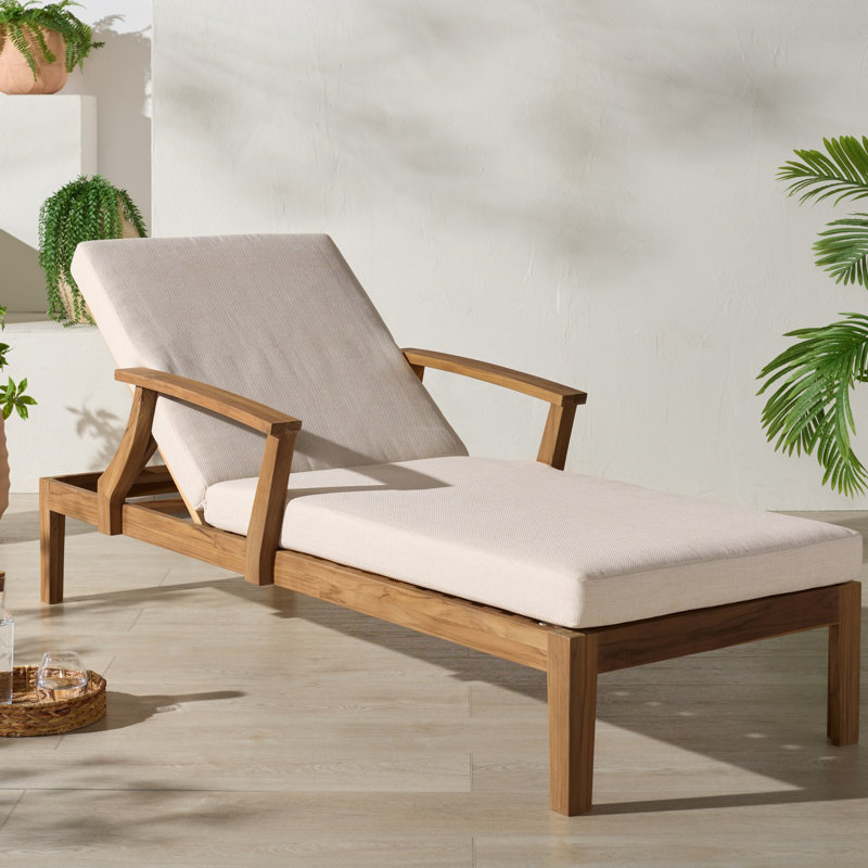Clairmont Patio Chaise Lounge, White Cushion /Natural Teak Wood Frame