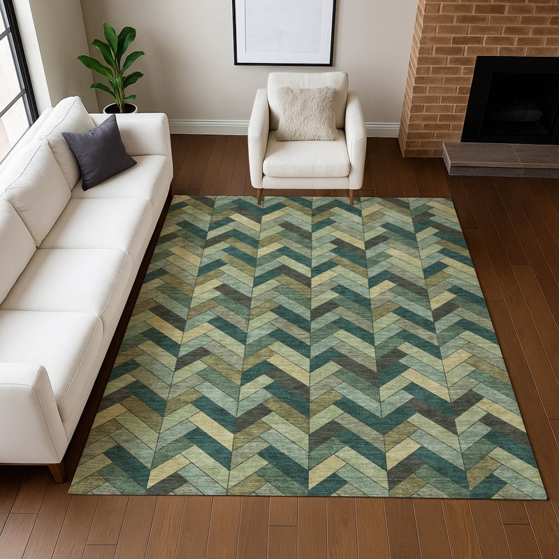 Premium Machine Washable Mayfield AMF2296 Geometric Rug, Green, 9' x 12'