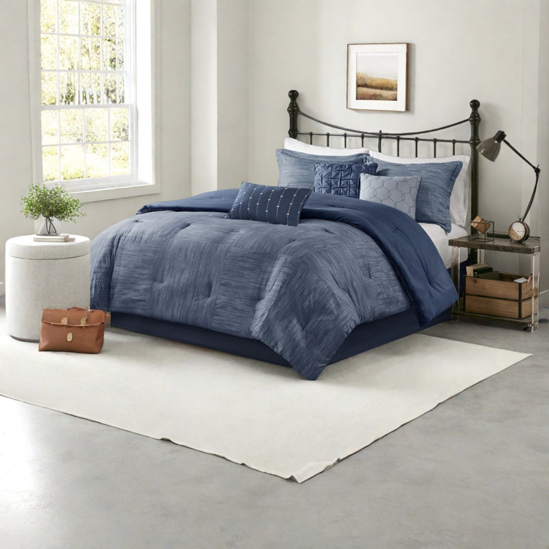 Navy Seersucker Bedding Sets, Microfiber Comfort, Cal King Modern Style