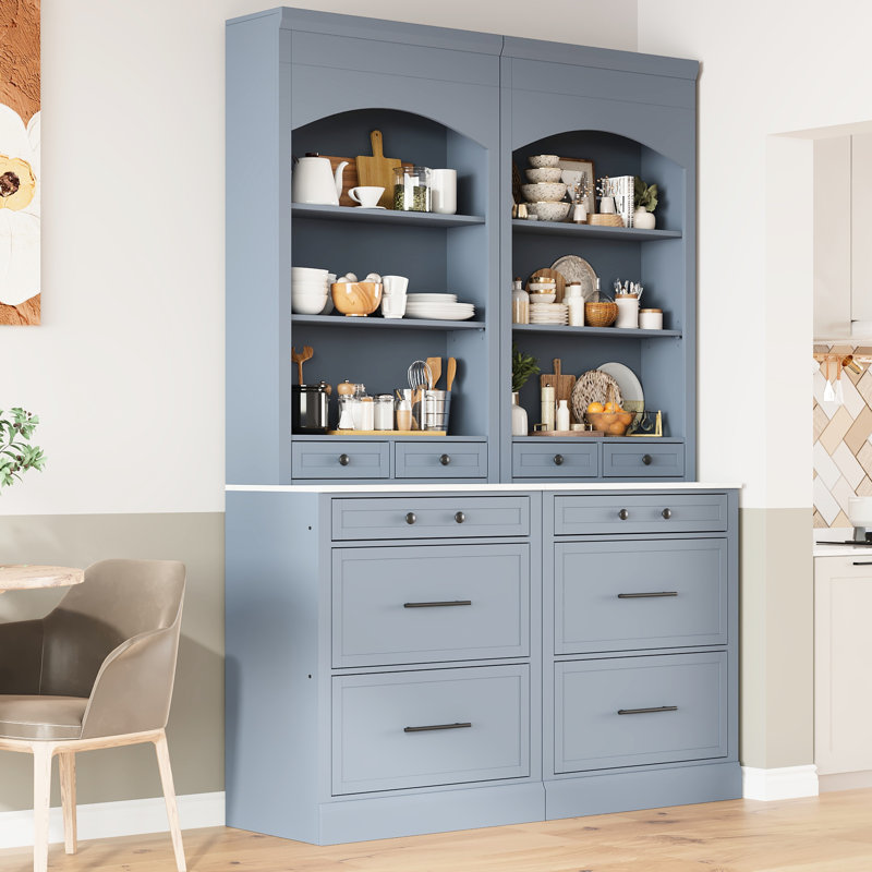 2 83.7Inch High Kitchen Pantry, Gray, Faux Marble Countertop, Cupboard With 5 Drawers And Adjustable Shelf For Functional Use Freestanding Cabinet, Surface, Storage Modern