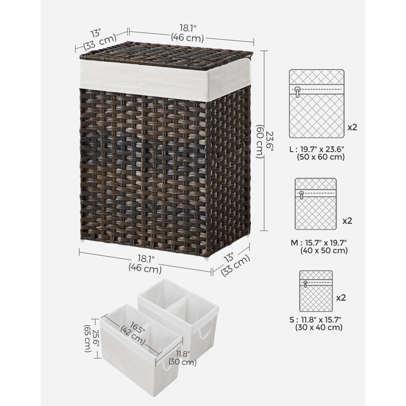 Panier à linge avec couvercle, panier à linge 90 L, panier à linge en rotin de poly, brun