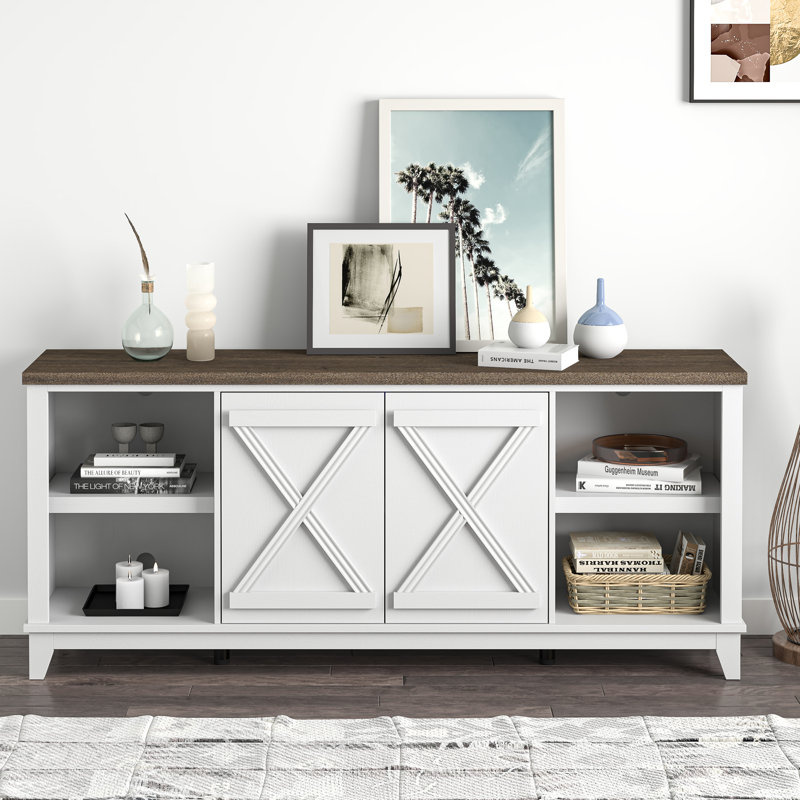 White Two-Tone Farmhouse TV Stand for TVs up to 75" – X-Barn Door Media Console with Open Shelves & Cabinets, Spacious Storage, Easy Assembly Living Room Entertainment Center