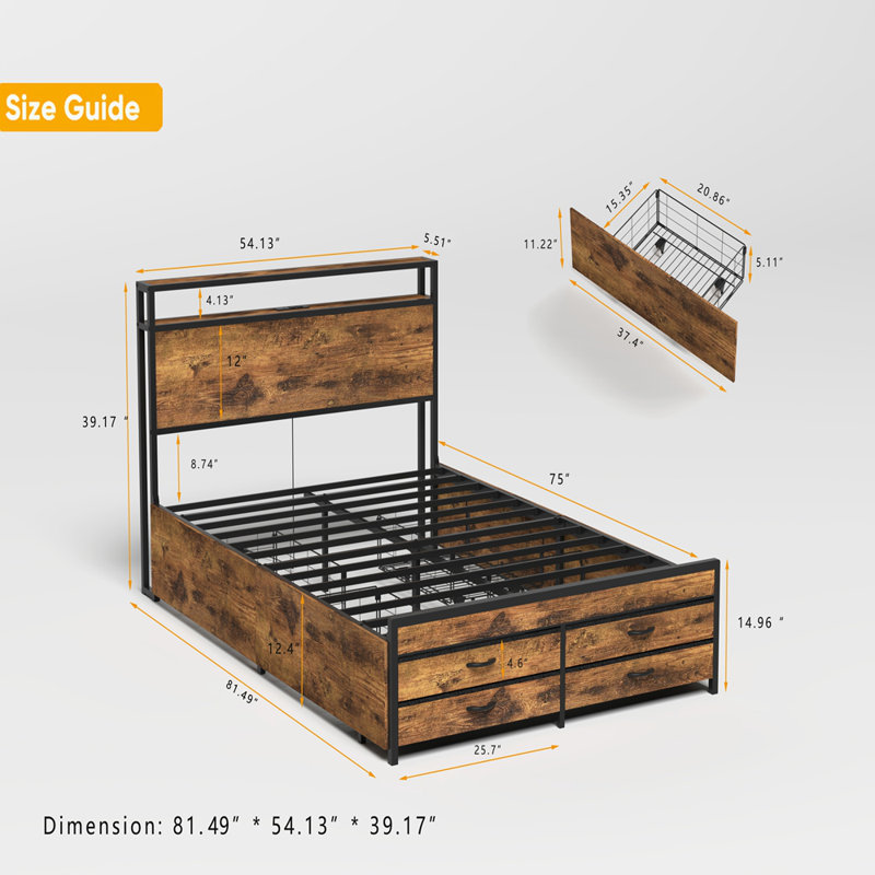 Bed Frame with 8 Storage Drawers, LED Headboard with Charging Station, Metal Platform Bed Frame, No Box Spring Needed, Noise-Free, Stable and Solid