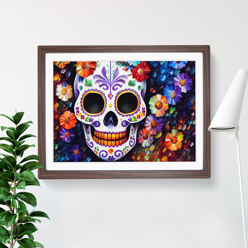 XH1022-7114X Precious Floral Sugar Skull - Single Picture Frame Print, 25cm H x 34cm W x 2cm D, Walnut Framed