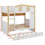Lit superposé en forme de maison avec lit gigogne et tablettes de rangement, cadre de lit superposé en bois avec barrières et échelle de type maison-385835608