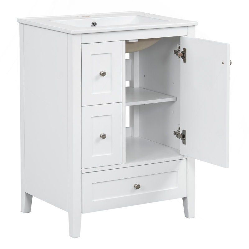24-Inch Bathroom Vanity with Storage, Adjustable Shelf, MDF & Rubberwood, Removable Dividers, Green Finish, Blanc / Argent