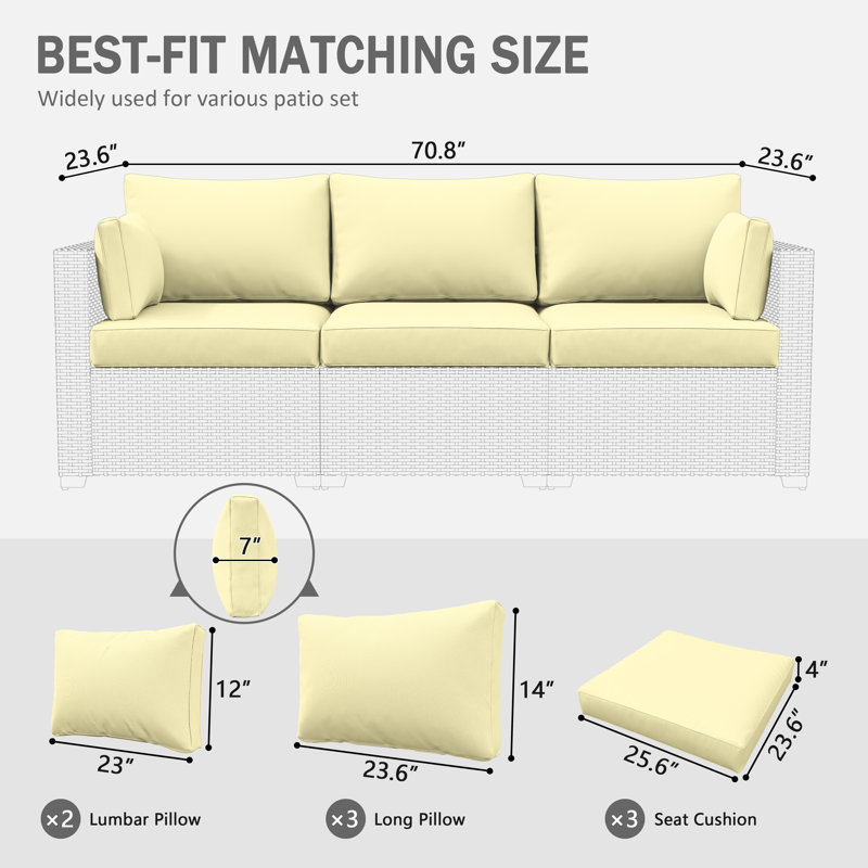 8-Piece Outdoor 4" Replacement Cushion Set Seat/Back Cushion(Set Of 3 Seats, 3 Backs, 2 Short Backs), Light Yellow