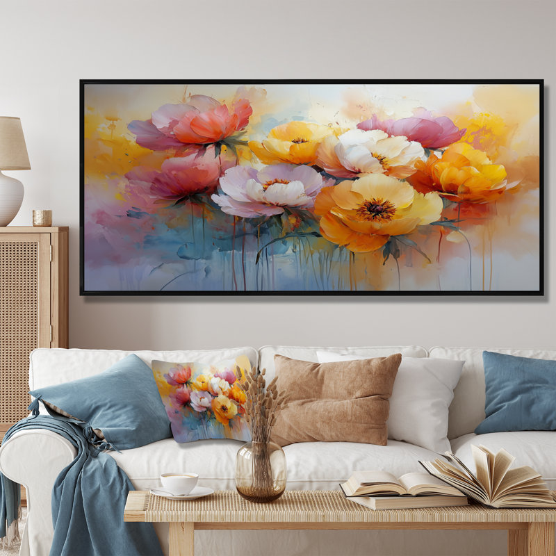 «Summer Peony Vibrant Garden II» - reproduction d'art sur toile encadrée, 30" H x 40" W, Cadre flottant noir